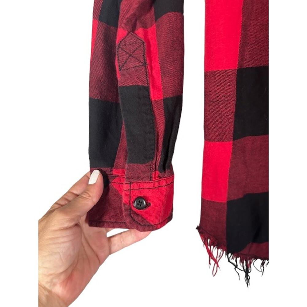 BeachLunchLounge Red Plaid Button Front Shirt Fringe Trim Long Sleeve Women Sz S - Picture 7 of 10
